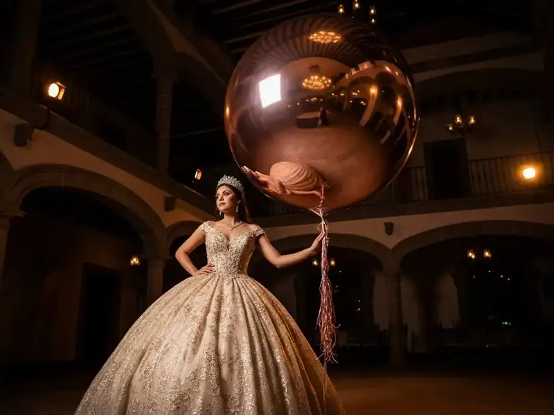 Quinceañera con vestido dorado sosteniendo un globo gigante cobre metálico con cola de flecos, en el patio de una hacienda