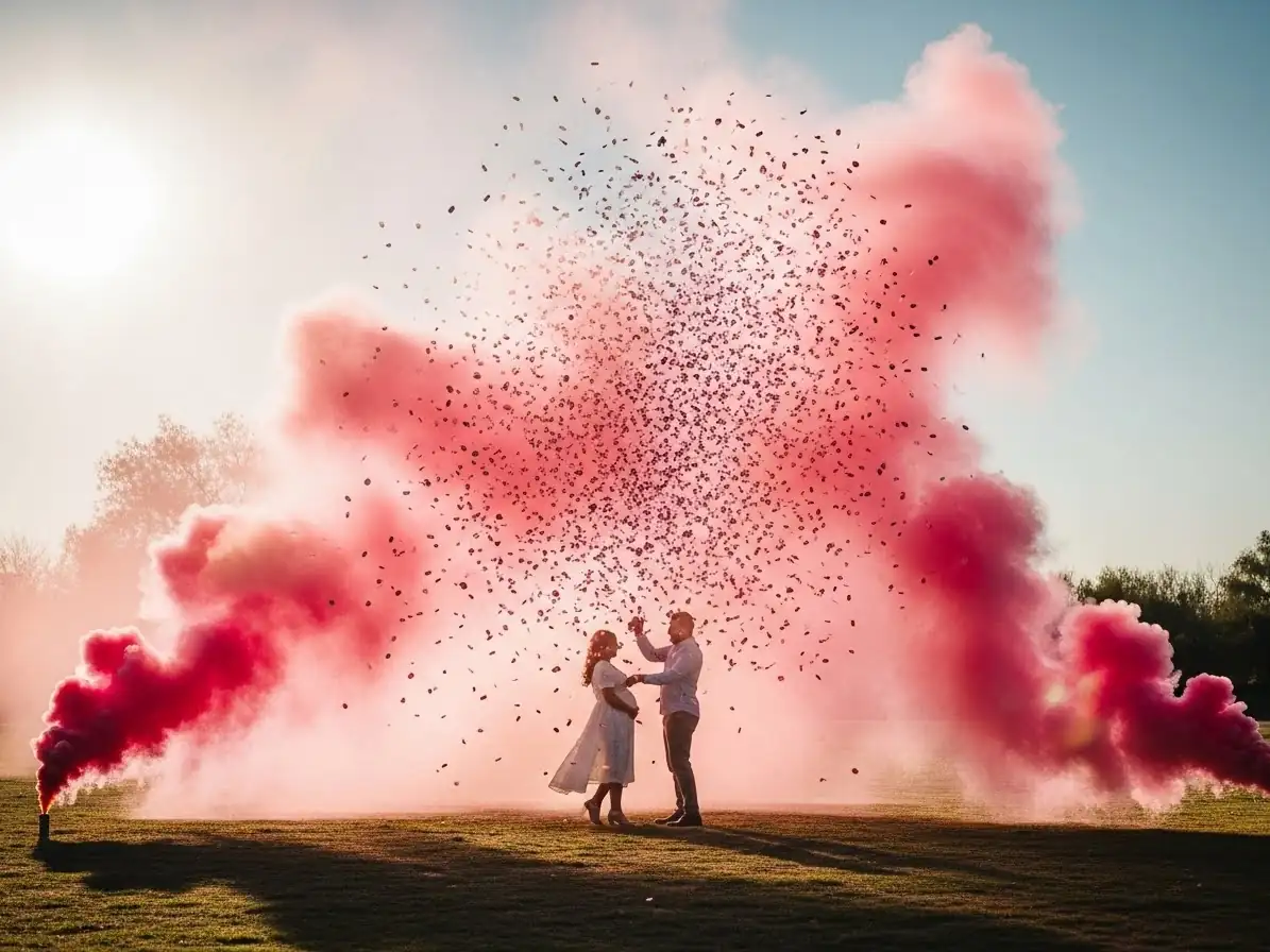 Globo gigante negro con confeti y humo rosa para revelación de género