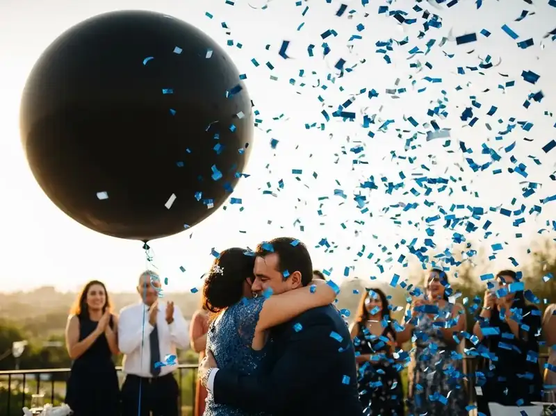 Globo gigante negro reventado liberando una nube de confeti azul sobre una pareja al atardecer, rodeada de invitados