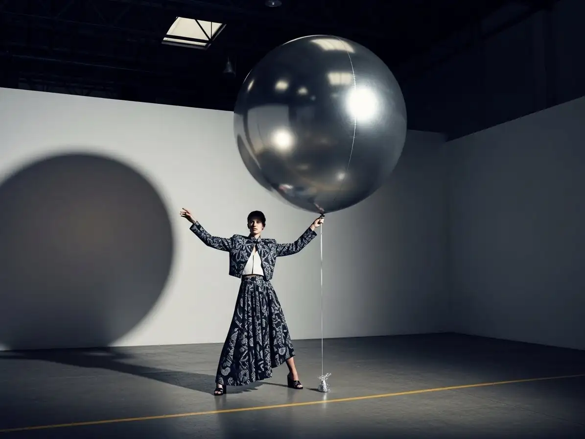 Globo gigante metálico color plata en sesión editorial de moda con modelo en estudio minimalista