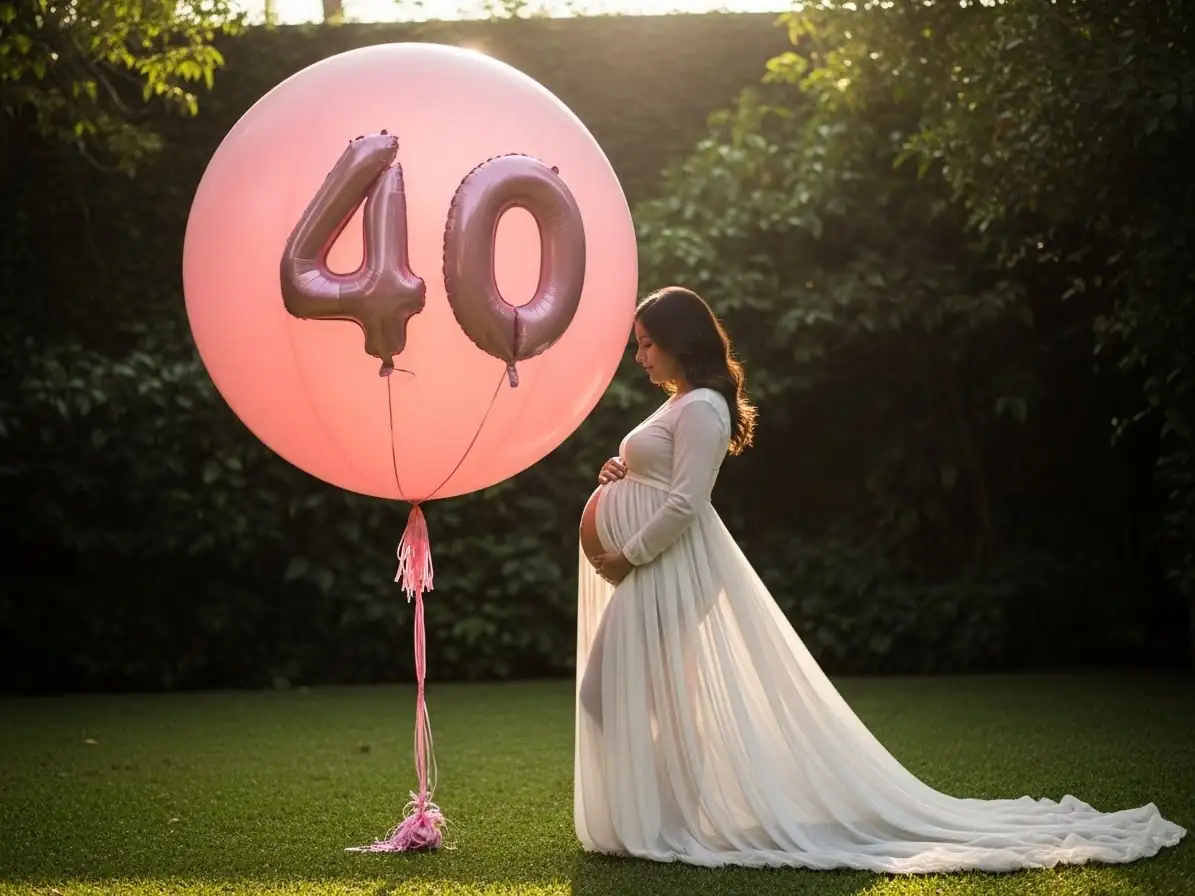 Globo gigante rosa combinado con números foil en una sesión de maternidad