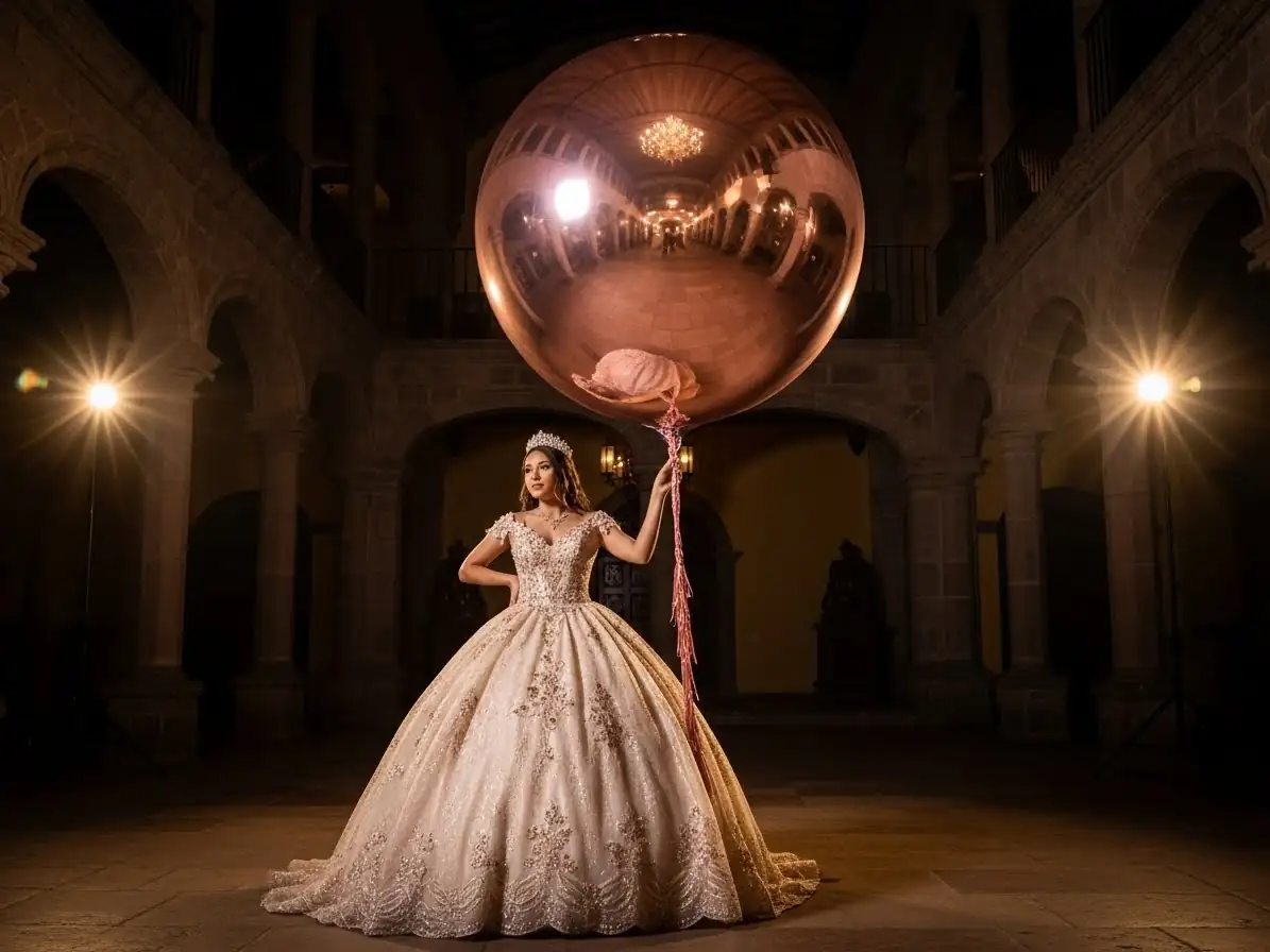 Globo gigante rose gold para sesión de fotos de XV años en hacienda, CDMX