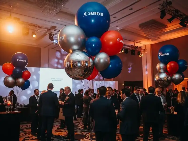 Globos gigantes metálicos azul marino, plata y rojo impresos con logotipo de marca en convención corporativa de gala