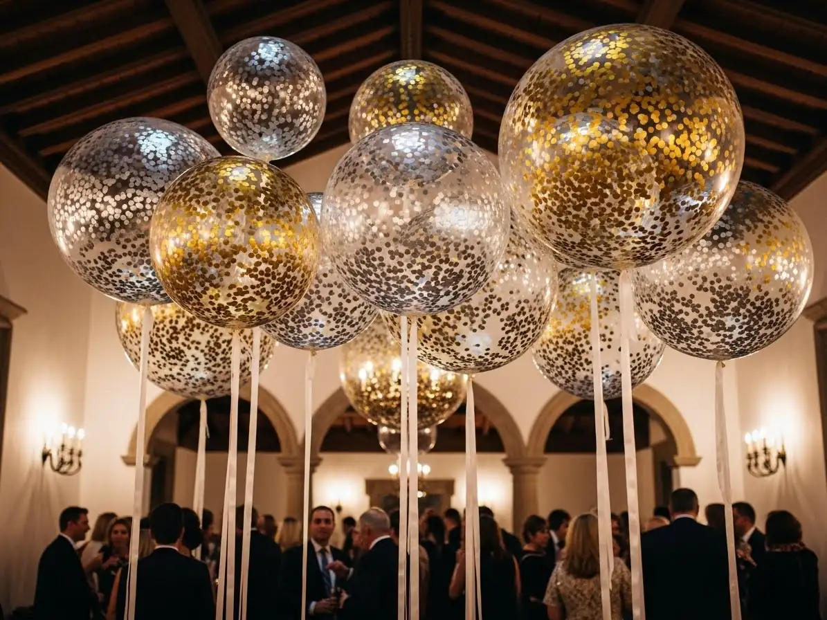 Globos gigantes con confeti dorado y plata para boda elegante en hacienda