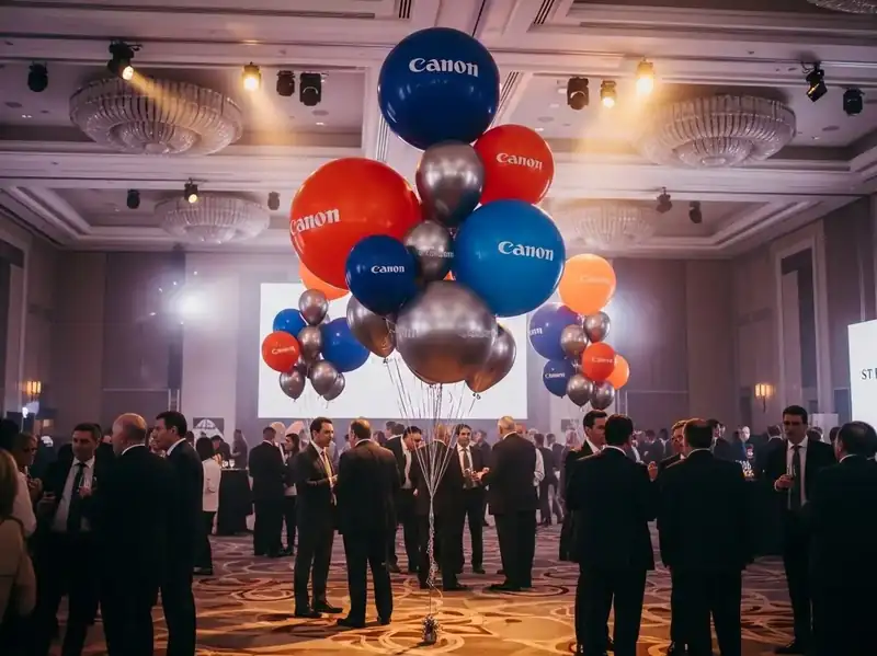 Globos gigantes corporativos con el logotipo de la marca sobre pedestales, en el salón de un evento empresarial