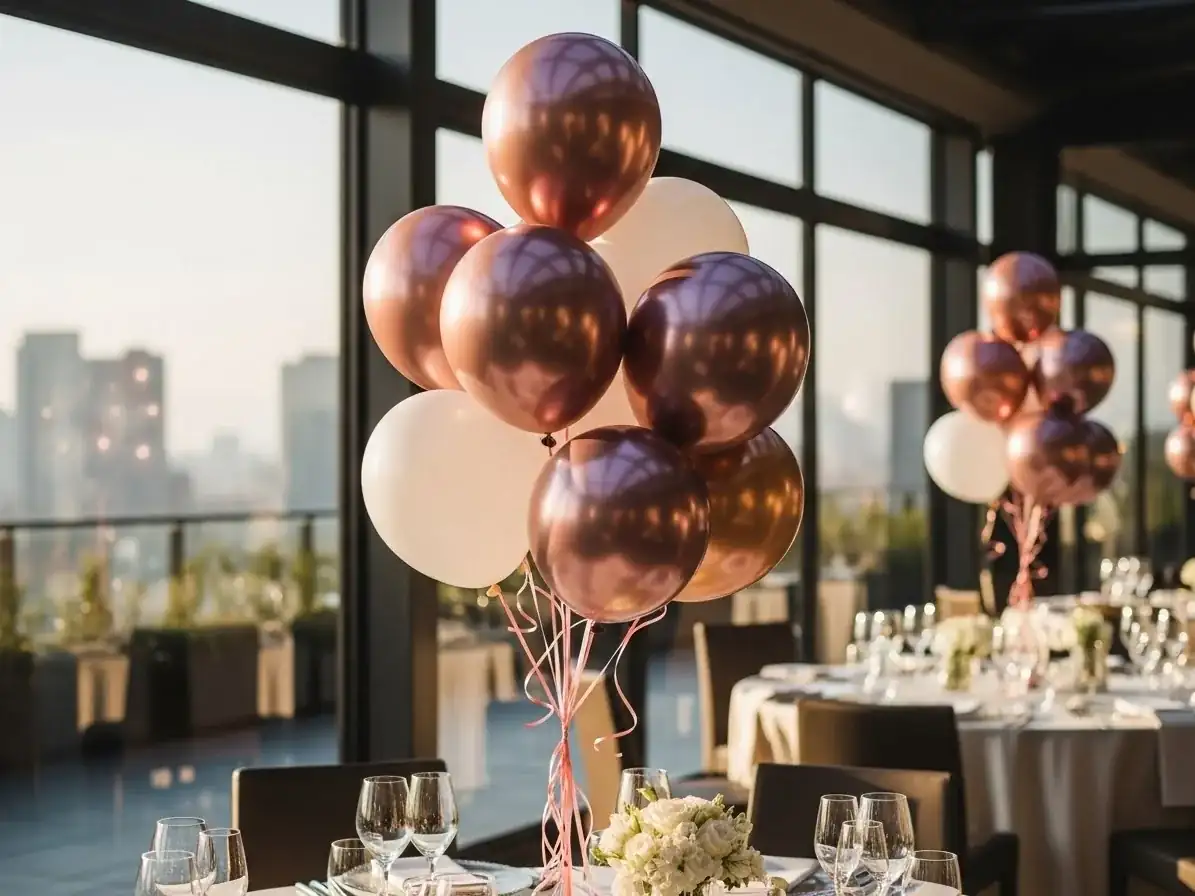 Bouquet de globos de helio metálicos en cobre y blanco