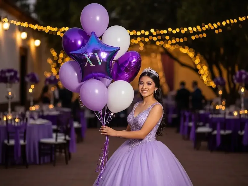 Bouquet de globos morados y lilas con una estrella de foil que dice XV, sostenido por la quinceañera en un salón