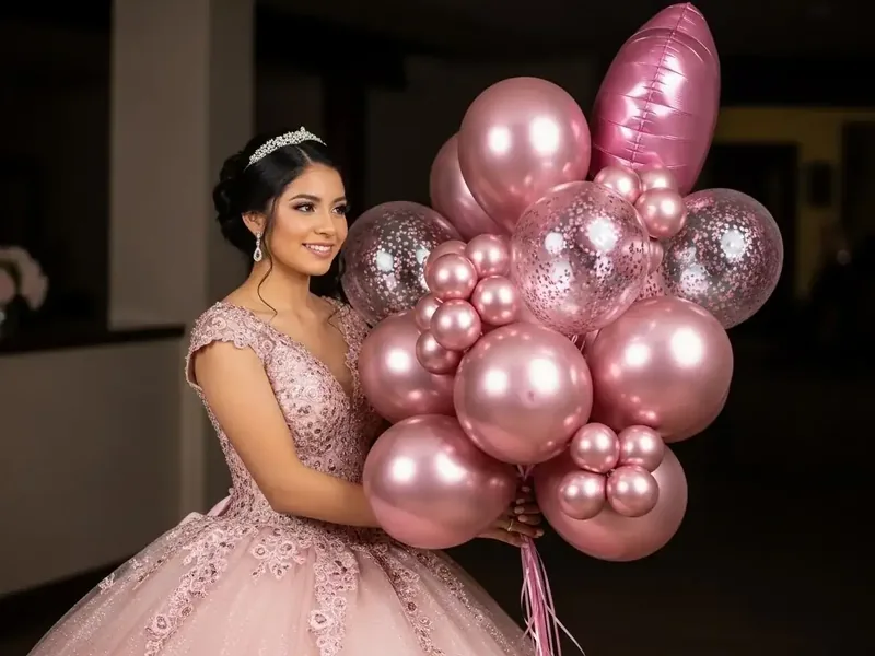 Quinceañera con vestido rosa sosteniendo un bouquet grande de globos metálicos en tonos rose gold