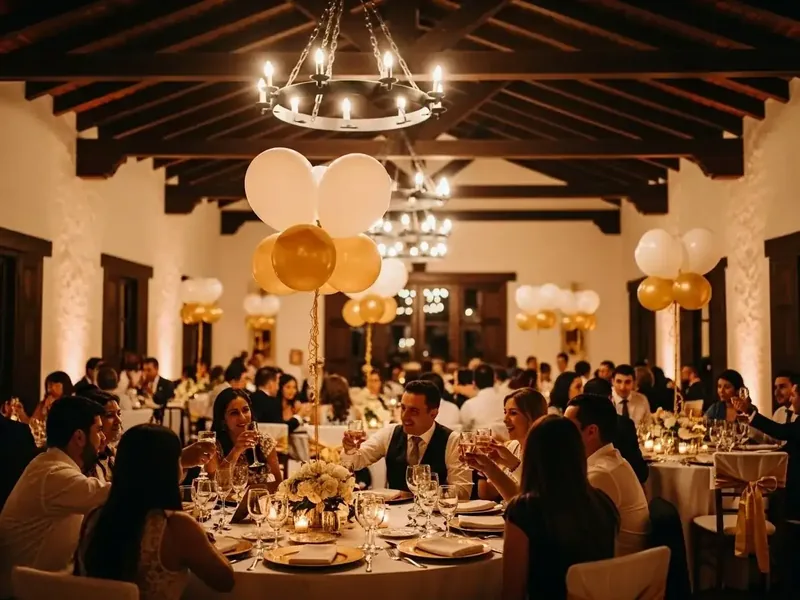 Globos dorados y blancos con helio elevados sobre las mesas de una recepción de boda en un salón con vigas de madera