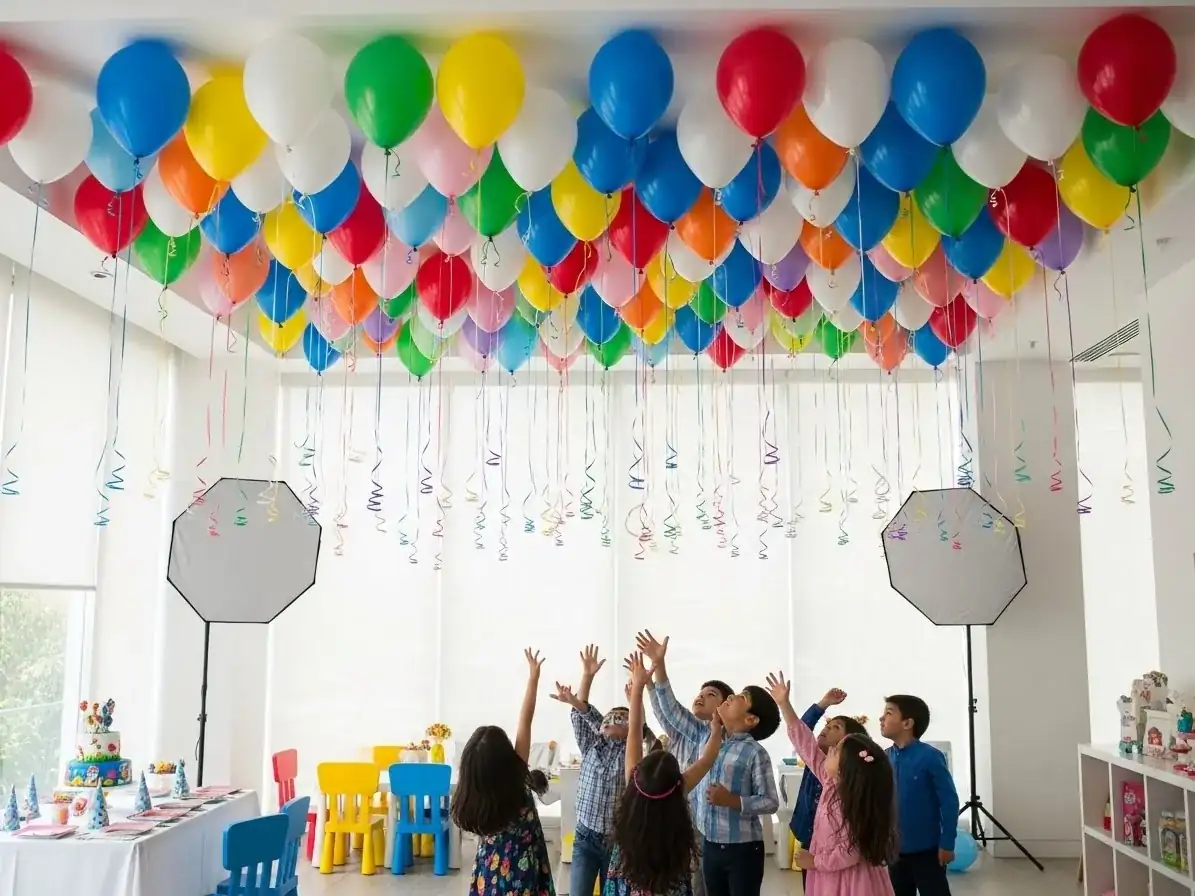 Decoración de techo con globos de colores