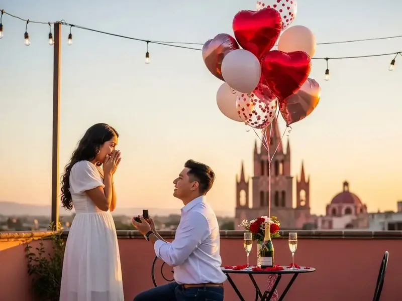 Bouquet de globos con helio en forma de corazón rojo y rosa gold para una propuesta de matrimonio en terraza al atardecer