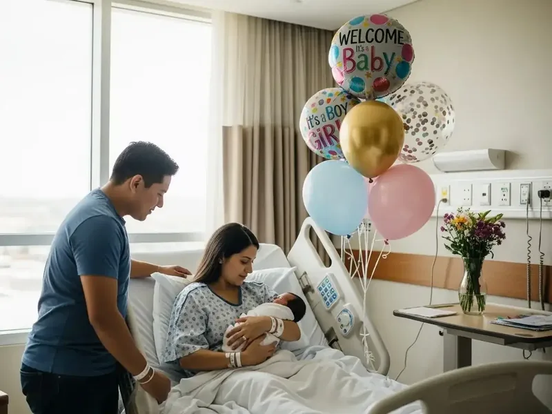 Pareja con su bebé recién nacido en la habitación del hospital, junto a un bouquet de globos con helio