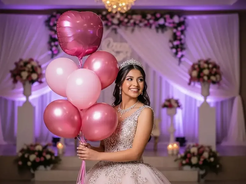 Bouquet de globos con helio en tonos rosa y vino con globo de corazón metálico, sostenido por una quinceañera en su fiesta