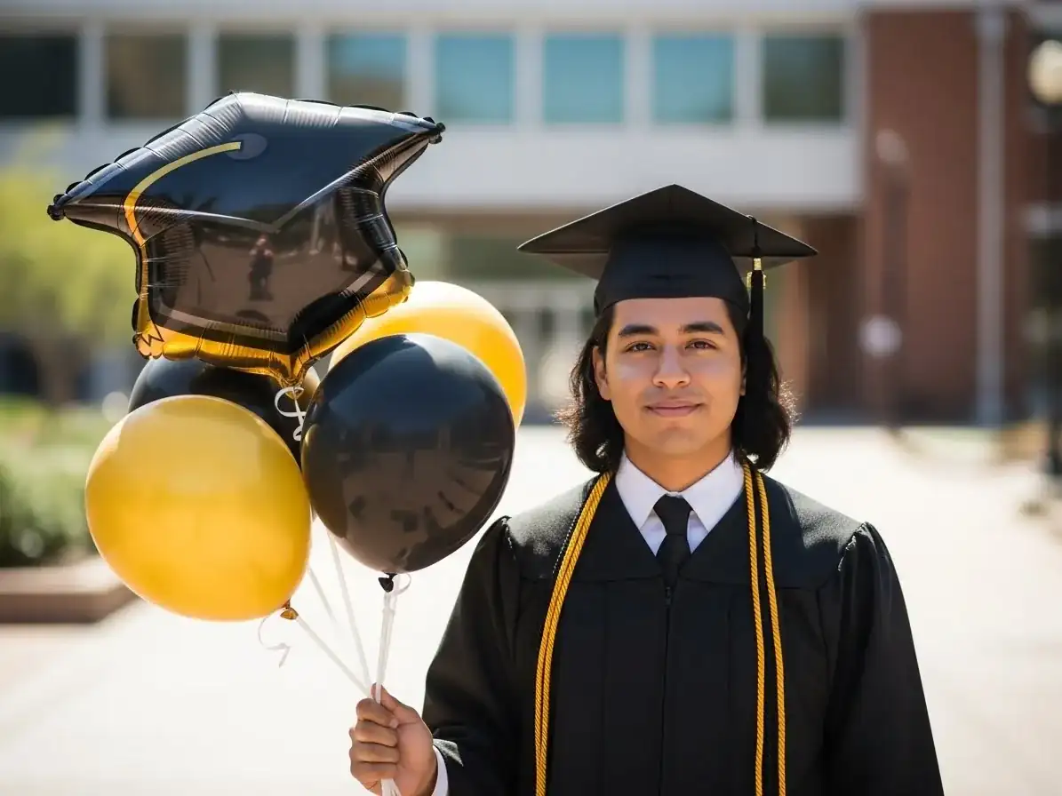 Bouquet de globos con helio negro y dorado con birrete para graduación universitaria