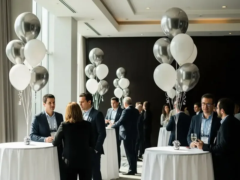 Globos con helio plateados y blancos distribuidos por el salón de un evento de networking
