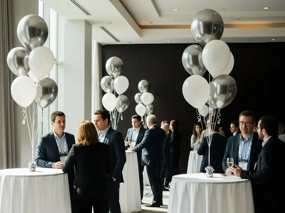 Múltiples arreglos de globos con helio plata y blanco distribuidos en mesas altas de un evento de networking