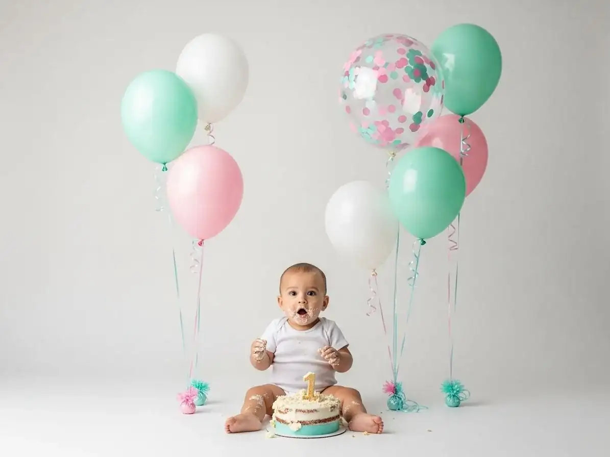 Bouquets de globos con helio menta y rosa en sesión de fotos de primer cumpleaños con sesión de pastel