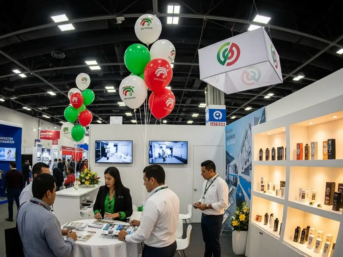 Globos con helio impresos con logotipos de marca en un stand de exhibición corporativa