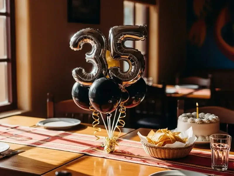 Bouquet de globos dorados y negros rematado con los números 3 y 5 en foil metálico, sobre la mesa de un cumpleaños