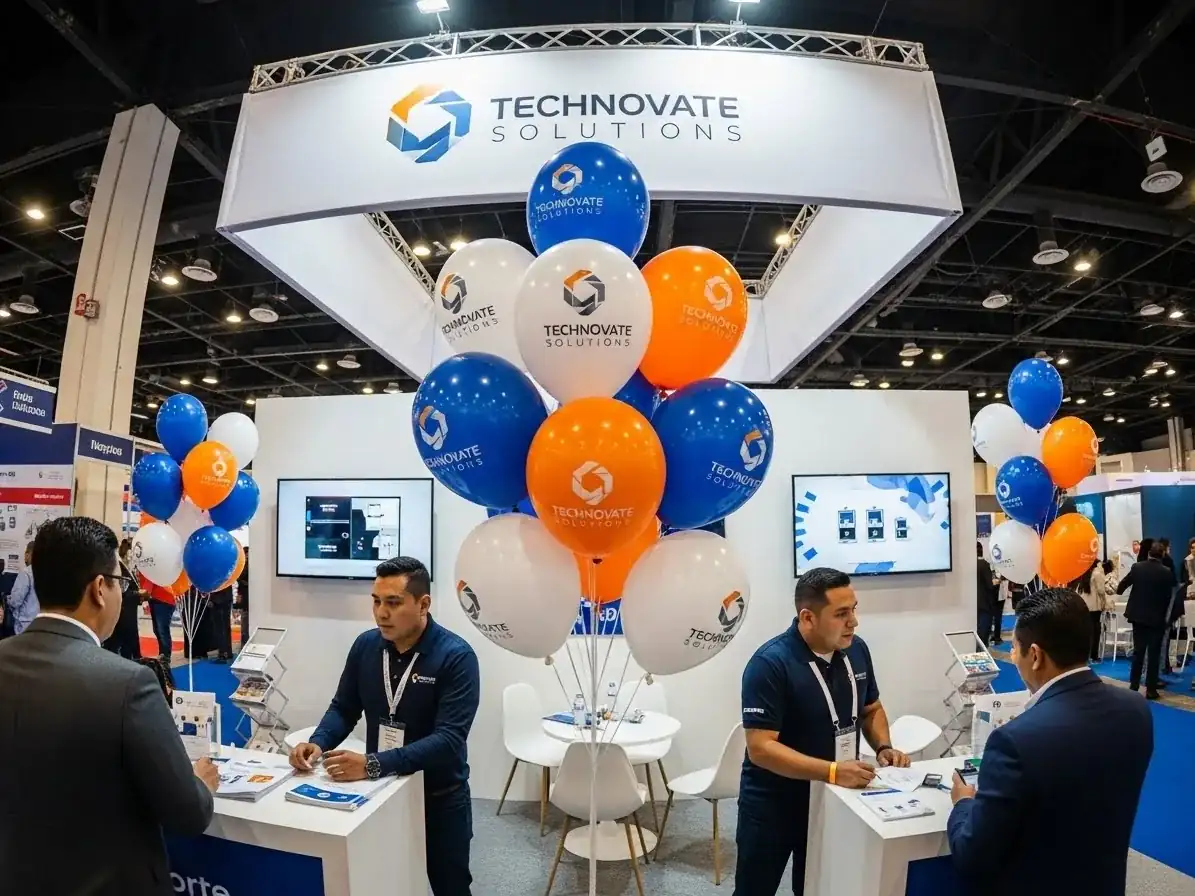 Globos personalizados con logo en stand de expo y feria corporativa