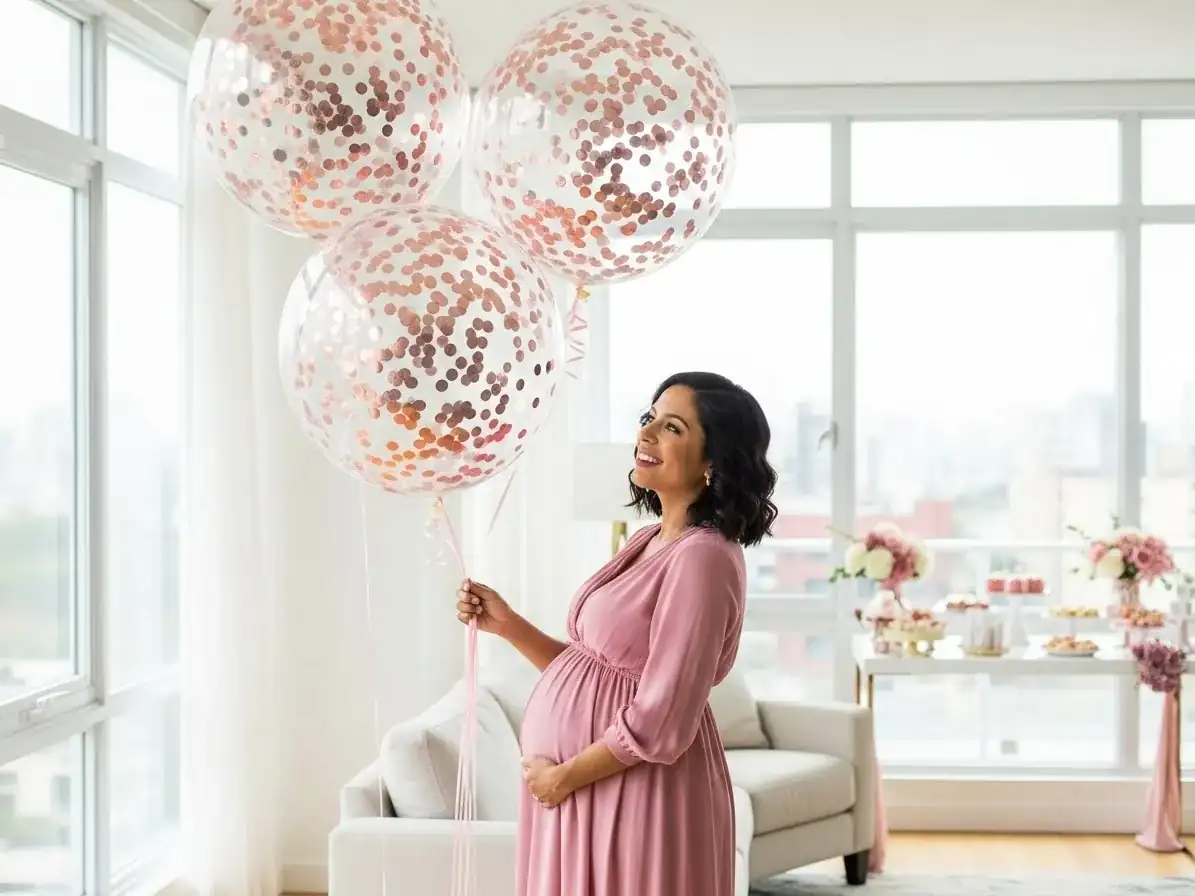 Bouquet de globos gigantes transparentes con confeti rosa para sesión de fotos prenatal