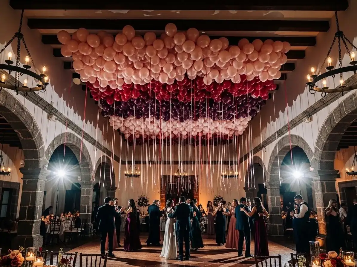 Techo flotante de globos con helio en tonos vino y durazno para boda en salón rústico, CDMX