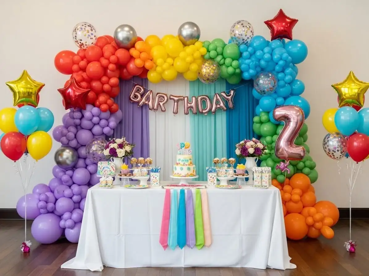 Arco de globos arcoíris para fiesta de cumpleaños