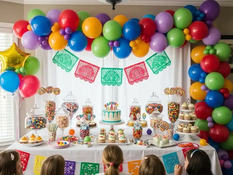Arco de globos de colores sobre una mesa de dulces con frascos de caramelos y papel picado en una fiesta infantil