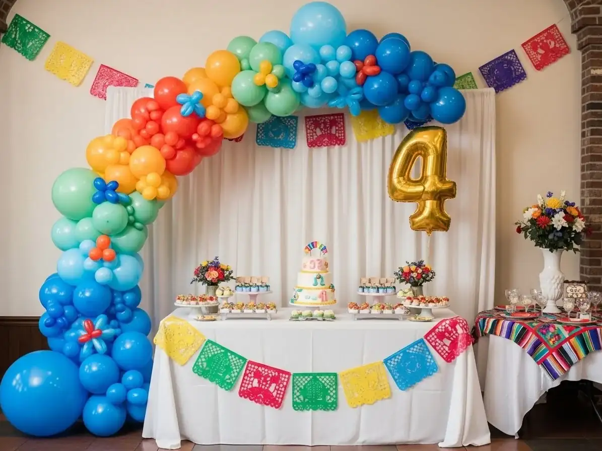 Arco de globos con papel picado para fiesta mexicana