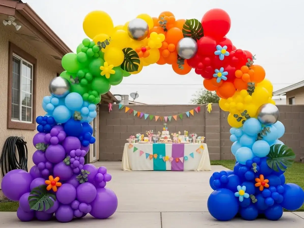 Arco de globos multicolor para fiesta infantil al aire libre en CDMX