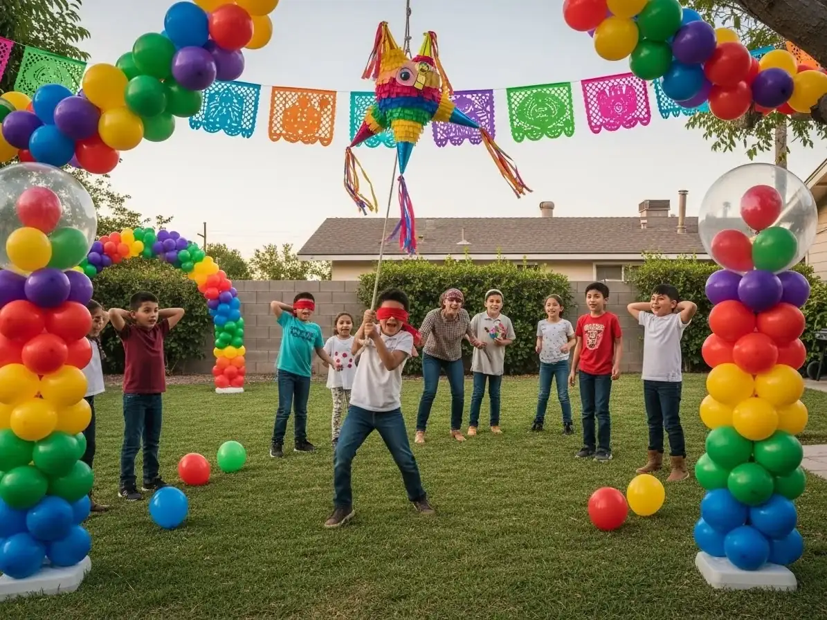 Columnas de globos de colores con piñata para fiesta mexicana