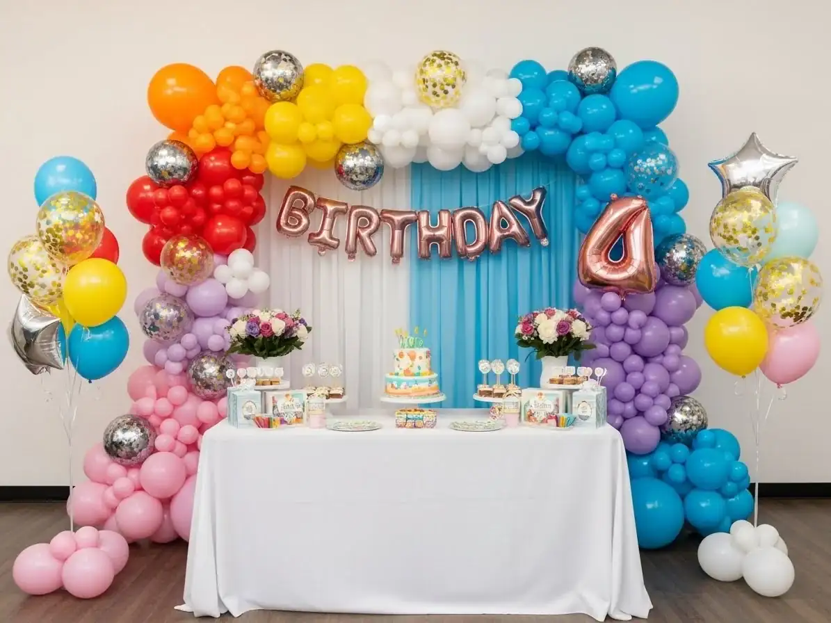 Decoración con globos multicolor sobre mesa de cumpleaños