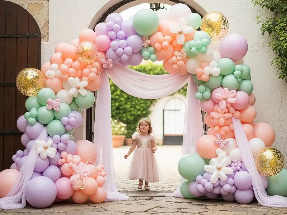 Decoración con globos en tonos pastel para fiesta