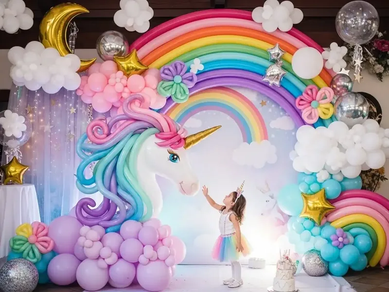 Escenografía de unicornio con melena pastel y arcoíris de globos alargados, nubes blancas y estrellas foil, con la festejada al centro