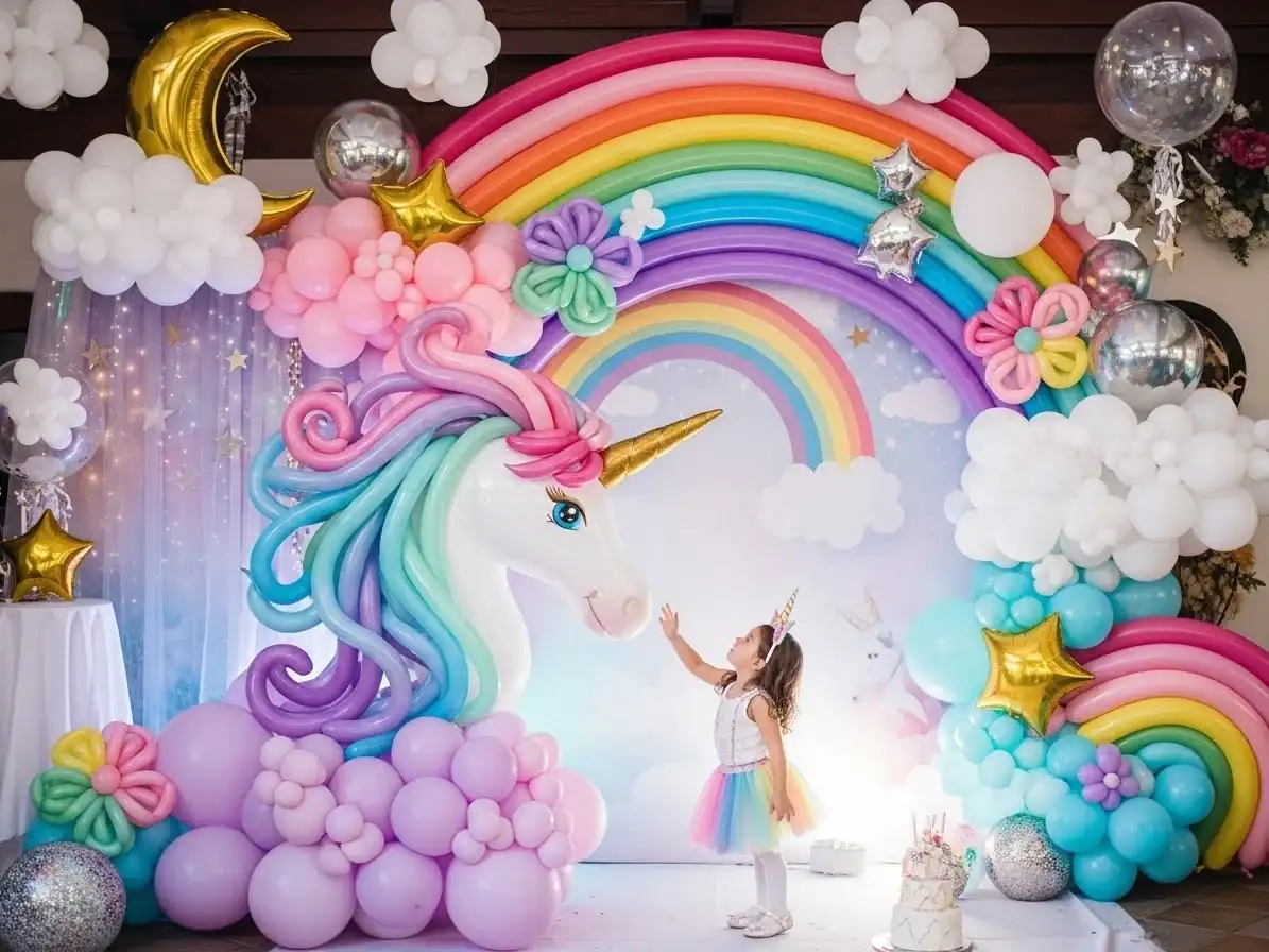 Decoración con globos de unicornio para cumpleaños