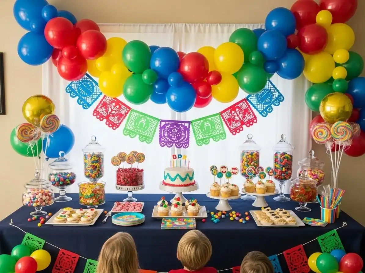 Guirnalda de globos de colores en mesa de dulces mexicana