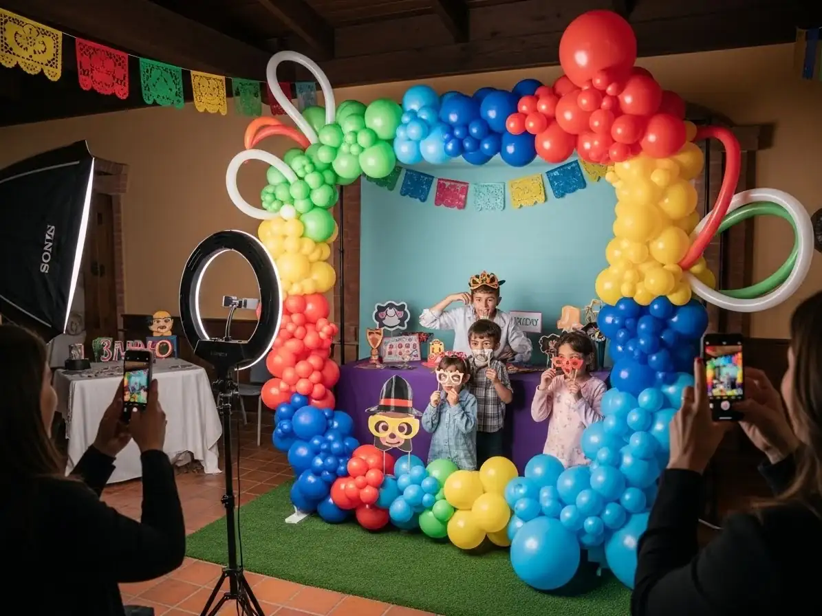 Marco de globos con papel picado para fotos