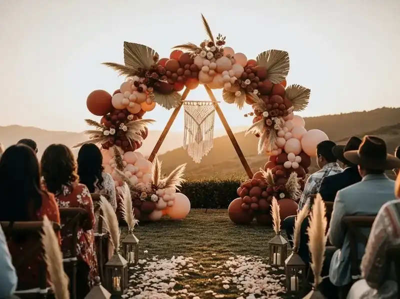 Guirnalda orgánica de globos terracota, vino y durazno con pampas, hoja de palma seca y macramé sobre estructura triangular de madera en una ceremonia boho al atardecer