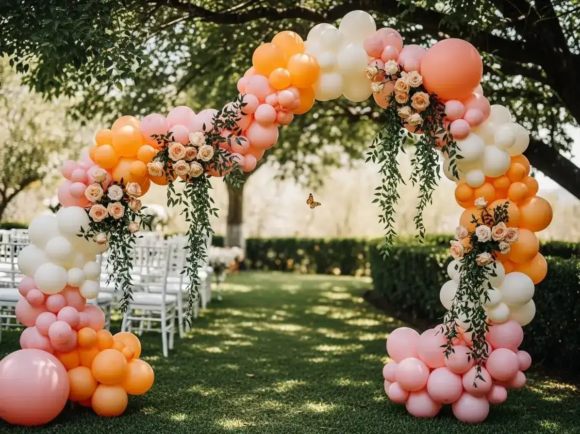 Arco de guirnalda en durazno, rosa y naranja con rosas y follaje en ceremonia de jardín