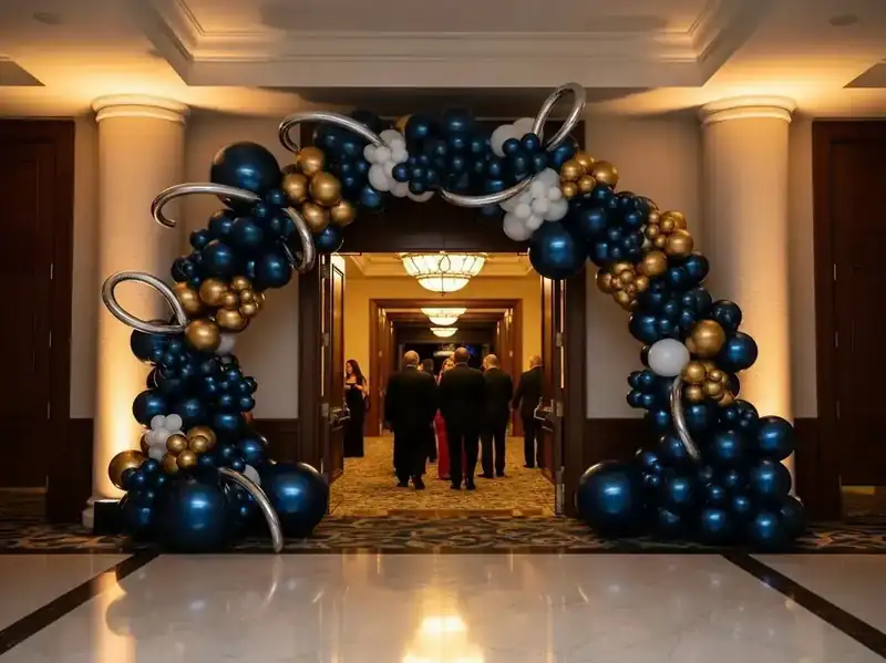 Arco de globos azul marino, dorado y plata cromado enmarcando la entrada iluminada de un salón durante un evento de gala