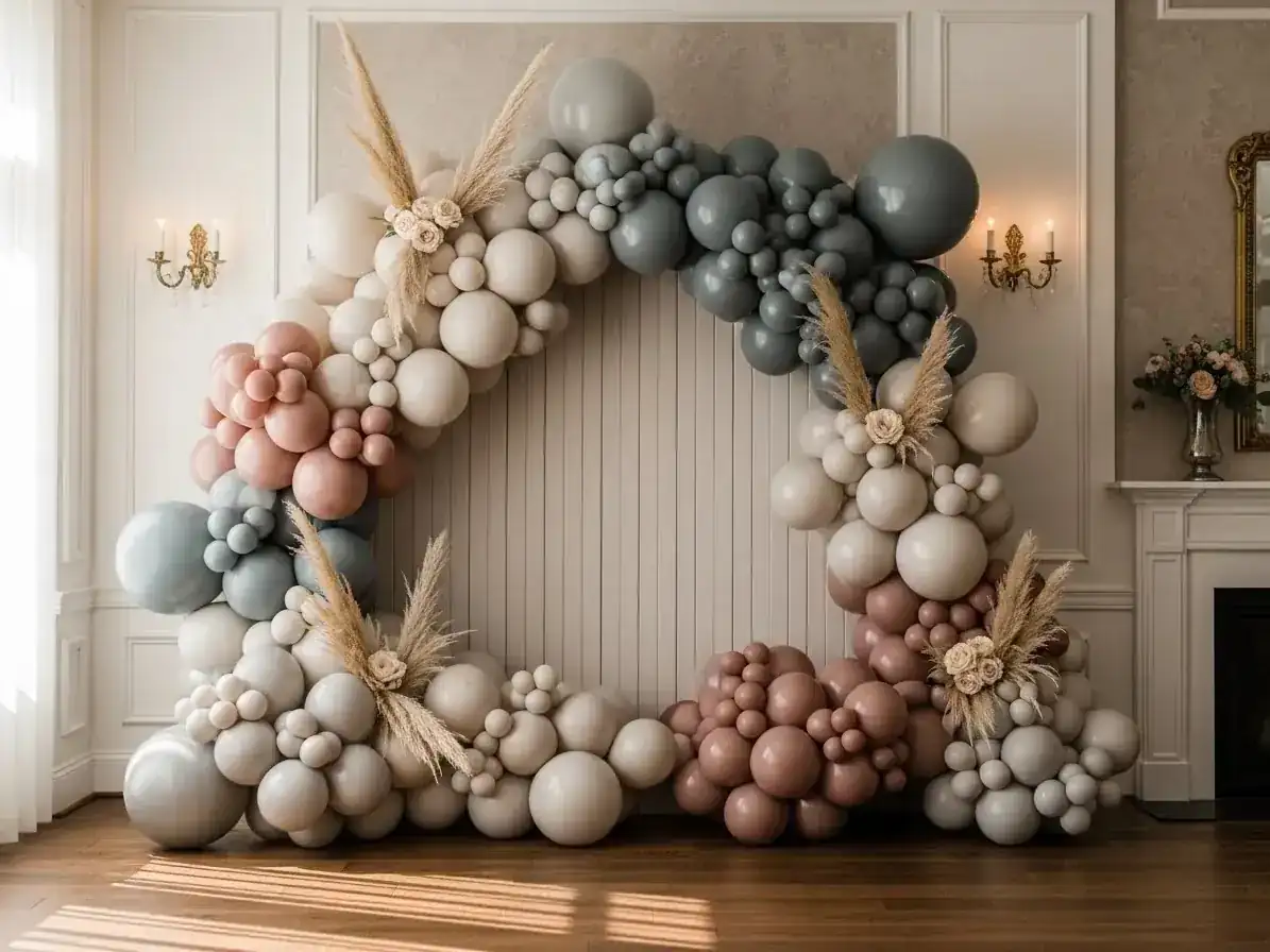 Arco orgánico de globos azul grisáceo, malva y crema con pampas grass junto a chimenea en salón elegante