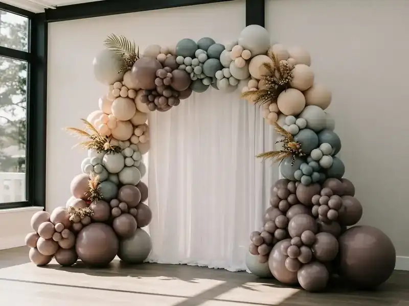 Panel de globos en tonos neutros beige, arena y verde salvia con pampas, enmarcando una cortina blanca en un salón iluminado