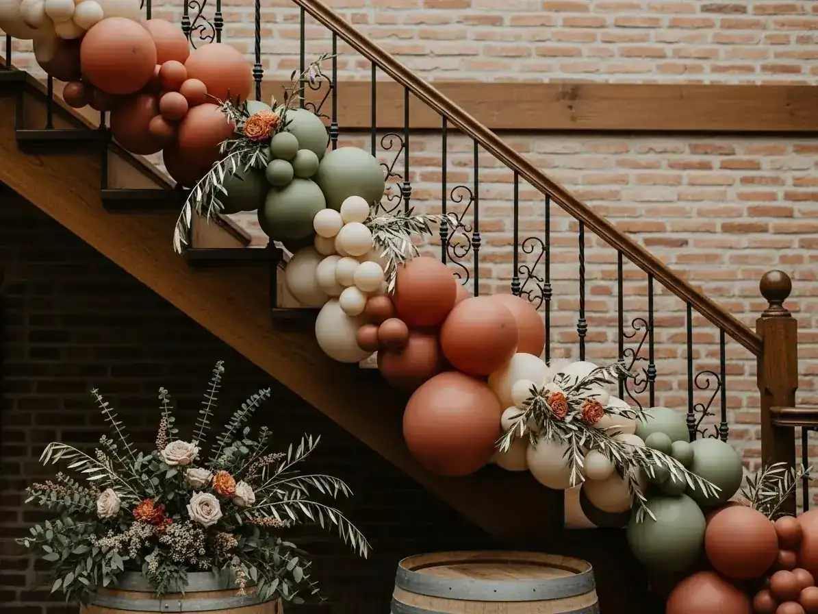 Guirnalda de globos terracota y verde olivo en escalera rústica con flores