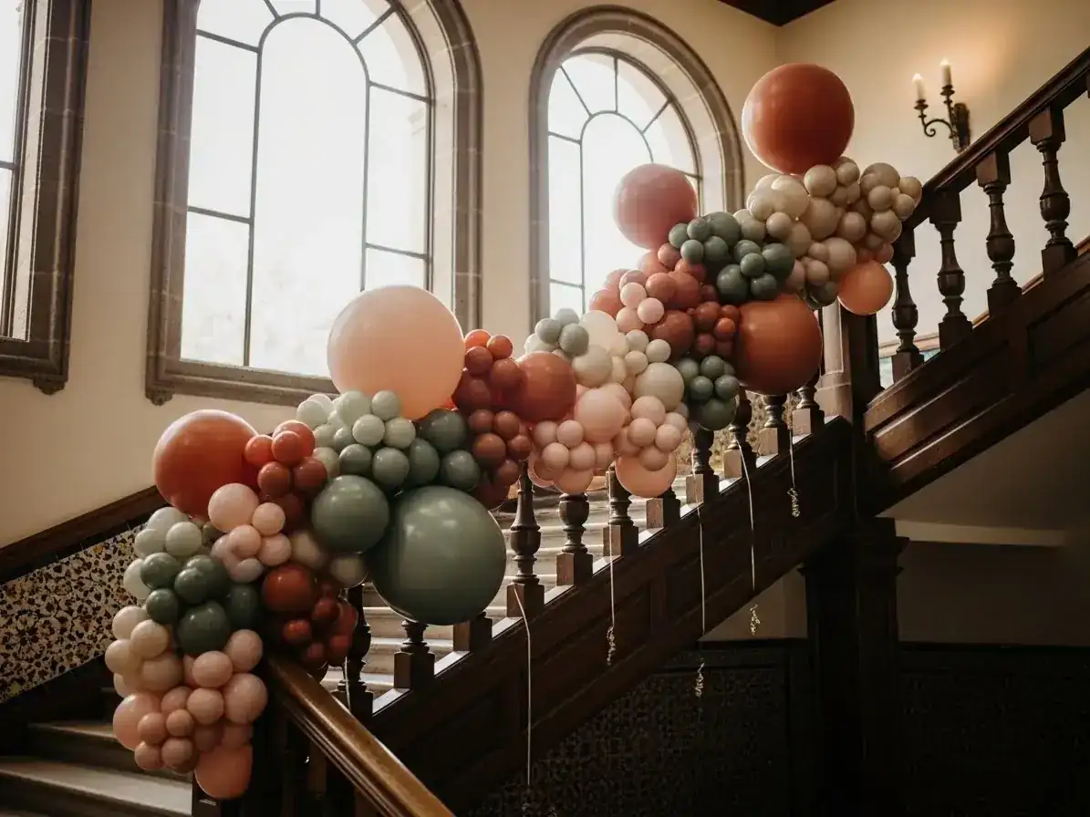 Guirnalda de globos terracota y verde salvia sobre barandal de escalera de piedra en salón con ventanas en arco