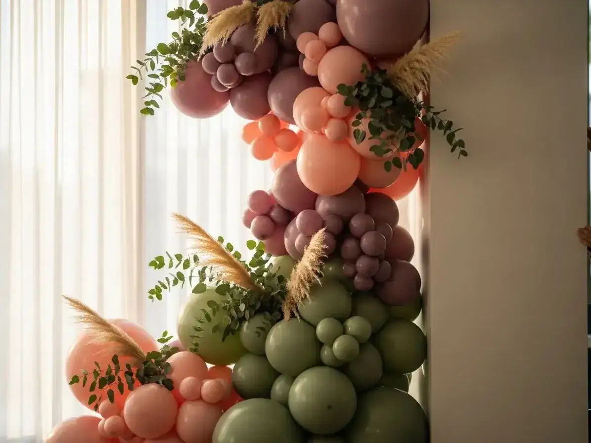 Guirnalda de globos malva, coral y verde salvia con eucalipto y pampas grass cayendo por esquina de interior boho