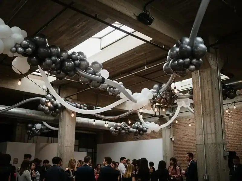 Guirnalda de globos plata y blanco tendida sobre tubería expuesta en techo de loft industrial con luces colgantes