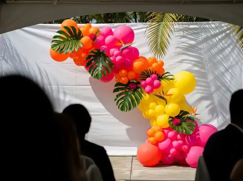 Guirnalda de globos fucsia, naranja y amarillo con hojas de monstera cayendo en diagonal junto a alberca en evento de verano