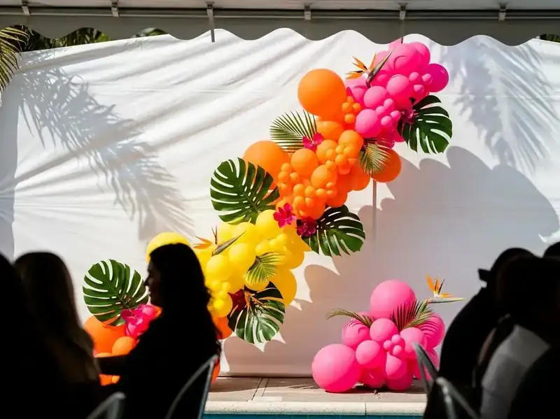 Guirnalda de globos tropical en rosa, naranja y amarillo con hojas de monstera sobre un fondo blanco de evento