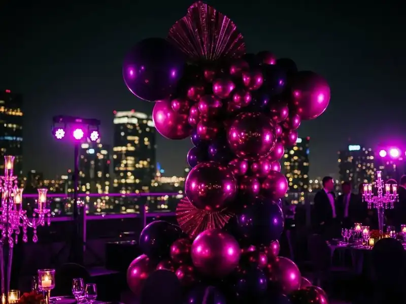 Torre de globos magenta, morado y metálico con acabados en abanico en evento nocturno de rooftop con vista a la ciudad