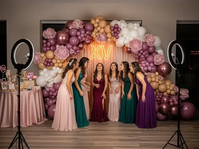 Backdrop orgánico de globos malva, blush y dorado con flores artificiales y letrero de neón como fondo de zona de fotos